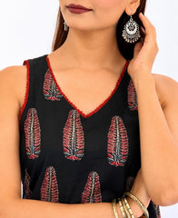 Black Printed Cotton Kurta Pant & Dupptta Set