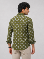 Men Olive Green Floral Printed Cotton Shirt