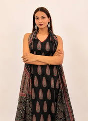 Black Printed Cotton Kurta Pant & Dupptta Set