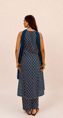 Royal Blue Printed Cotton Kurta Pant & Dupatta Set