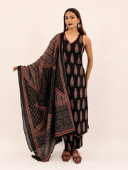 Black Printed Cotton Kurta Pant & Dupptta Set