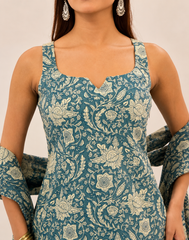 Teal Blue Printed Cotton Kurta Pant & Dupatta Set