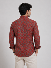 Men Brick Maroon Printed Cotton Shirt