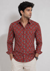 Men Brick Maroon Printed Cotton Shirt