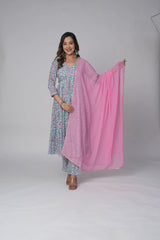 Sky Blue Niara Cut Kurta Set: Pink Floral Print