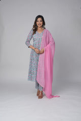 Sky Blue Niara Cut Kurta Set: Pink Floral Print