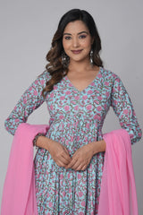 Sky Blue Niara Cut Kurta Set: Pink Floral Print