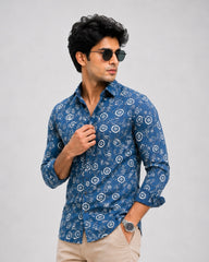 Men Blue Floral Printed Cotton Shirt