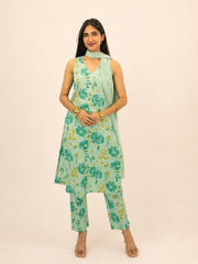 Mint Green Floral Cotton Kurta Pant & Chiffon Dupatta Set