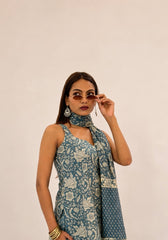 Teal Blue Printed Cotton Kurta Pant & Dupatta Set