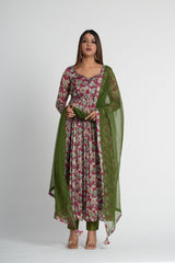 Stylish Wine Floral Printed Anarkali Set