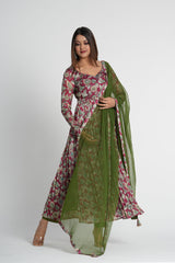 Stylish Wine Floral Printed Anarkali Set