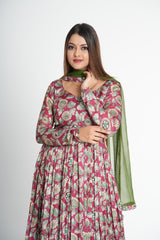 Stylish Wine Floral Printed Anarkali Set
