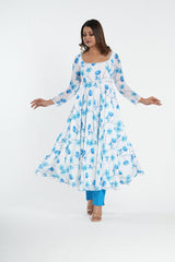 Stylish White Blue Georgette Anarkali Set