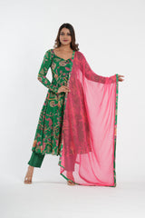 Green Floral Printed Chinnon Anarkali Set
