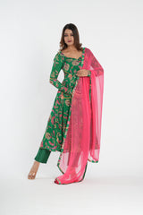 Green Floral Printed Chinnon Anarkali Set