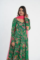 Green Floral Printed Chinnon Anarkali Set