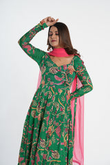 Green Floral Printed Chinnon Anarkali Set