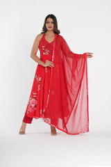 Stylish Red floral printed chinnon anarkali set