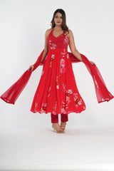 Stylish Red floral printed chinnon anarkali set
