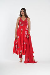 Stylish Red floral printed chinnon anarkali set