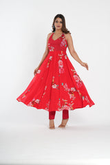 Stylish Red floral printed chinnon anarkali set