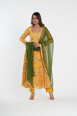 Stylish Yellow Floral Printed Chinnon Anarkali Set