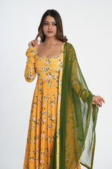Stylish Yellow Floral Printed Chinnon Anarkali Set