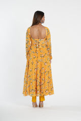 Stylish Yellow Floral Printed Chinnon Anarkali Set