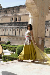 Stylish cotton Kurti with Green Lehenga