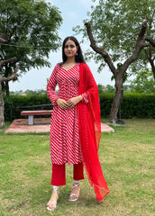 Stylish Cotton Leheriya Suit Set With Dupatta