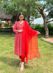 Stylish Cotton Leheriya Suit Set With Dupatta