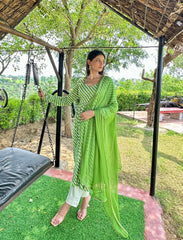 Stylish Cotton Green Leheriya Suit Set