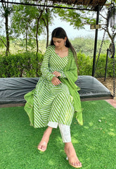Stylish Cotton Green Leheriya Suit Set