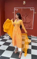 Stylish Cotton Yellow Leheriya Suit Set