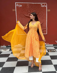 Stylish Cotton Yellow Leheriya Suit Set