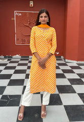 Stylish Straight Cotton Yellow Leheriya Suit Set