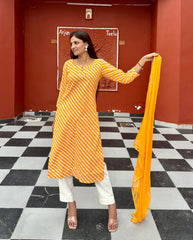 Stylish Straight Cotton Yellow Leheriya Suit Set