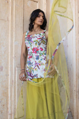 Stylish cotton Kurti with Green Lehenga