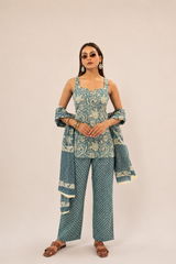 Teal Blue Printed Cotton Kurta Pant & Dupatta Set