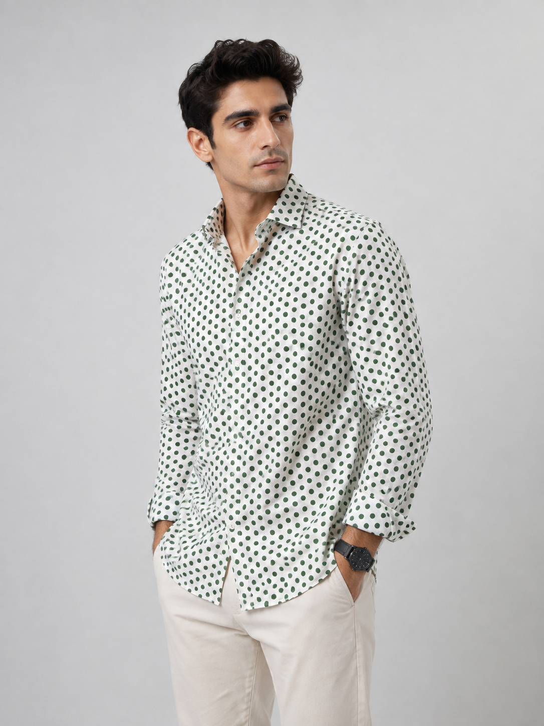 Men Green Polka Dot Printed Cotton Shirt