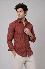 Men Brick Maroon Printed Cotton Shirt
