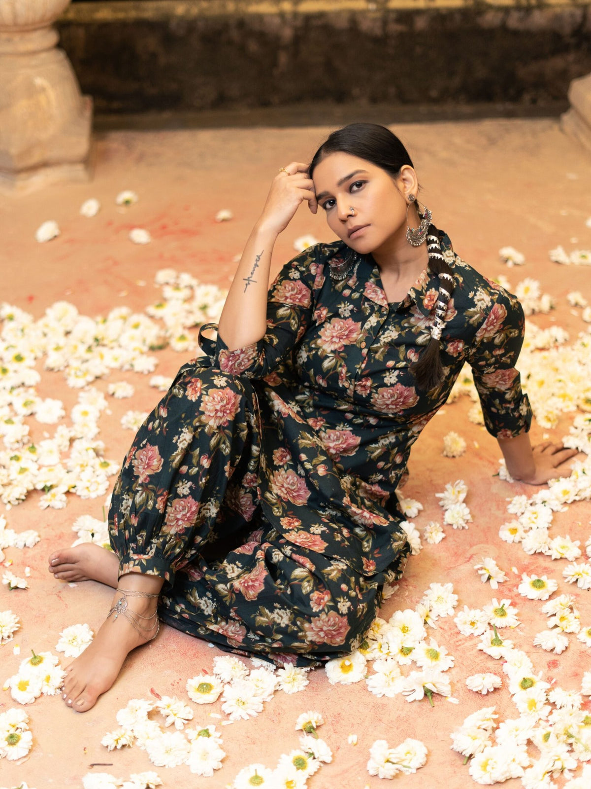 Cotton Green Floral Patiyala Kurta Pajama