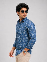 Men Blue Floral Printed Cotton Shirt