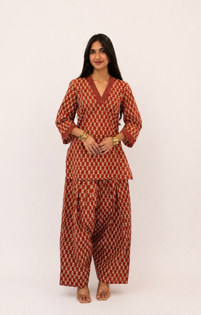 Rust Printed Cotton Farsi Salwar Set