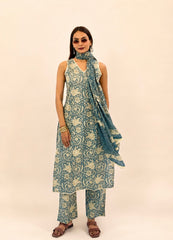 Teal Blue Printed Cotton Kurta Pant & Dupatta Set