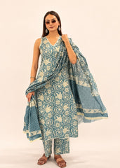 Teal Blue Printed Cotton Kurta Pant & Dupatta Set
