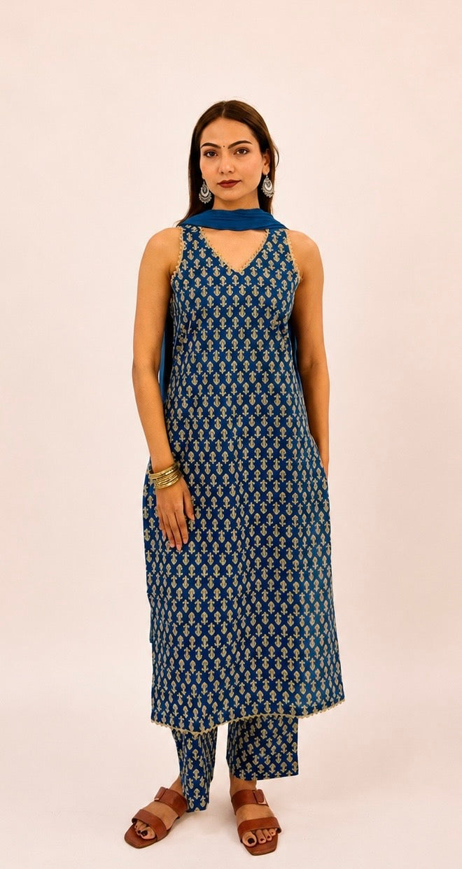 Royal Blue Printed Cotton Kurta Pant & Dupatta Set