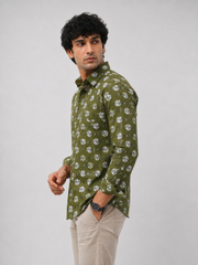 Men Olive Green Floral Printed Cotton Shirt