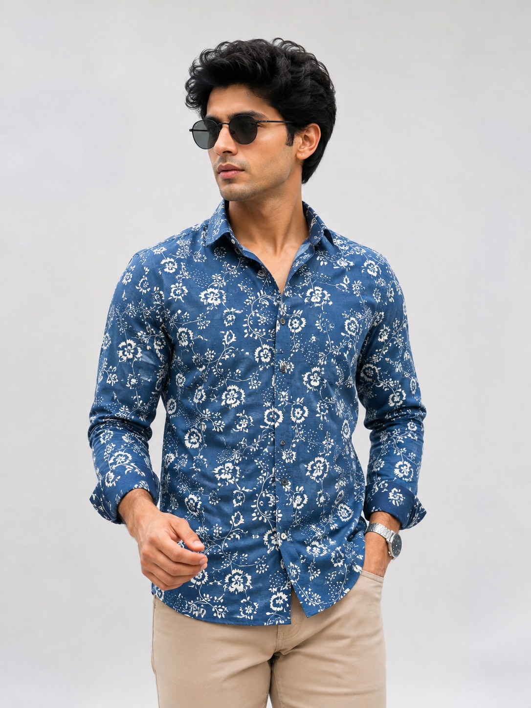 Men Blue Floral Printed Cotton Shirt